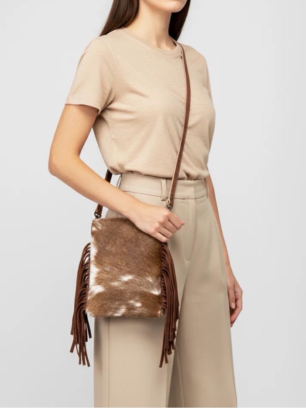 Western Bag Black & White Hide With Brown Leather Fringe Crossbody Bag